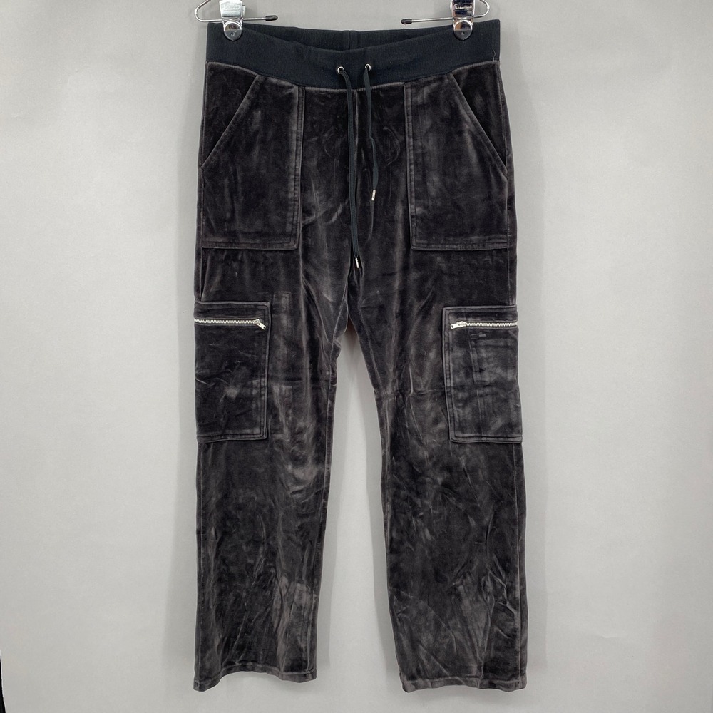 Vtg GAP Velvet Cargo Pants Womens M Charcoal Grey 2003 Y2K Zipper Pockets Lounge